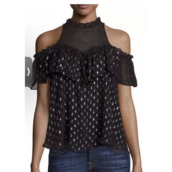 Rebecca Taylor Blouse Womens 4 Black Metallic Dot Silk Cold Shoulder Clip Ruffle - Picture 1 of 13